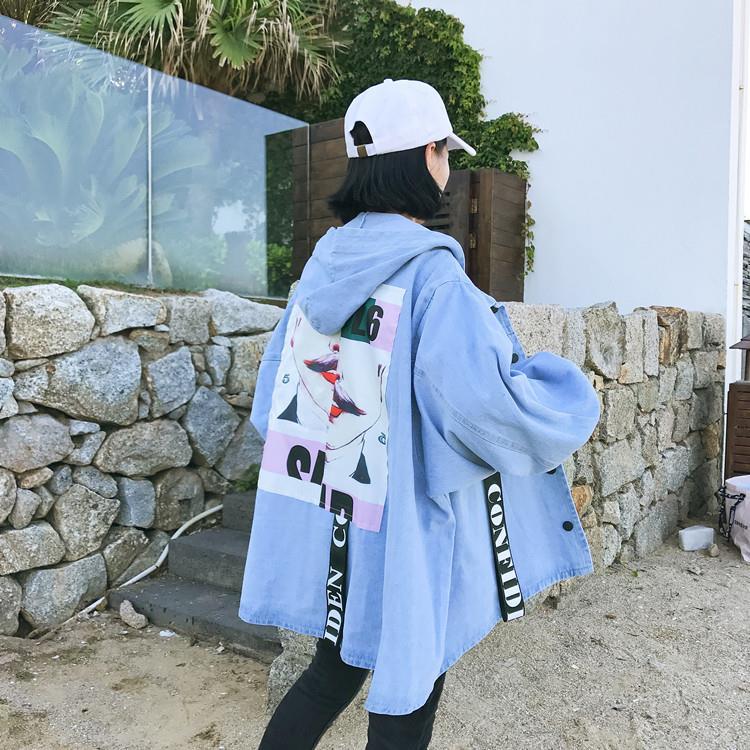 Casual Denim Jacket Women Trendy Print Coat Korean Style Loose Hooded Tops Retro Chic Short Clown Print Jackets Womens Clothing