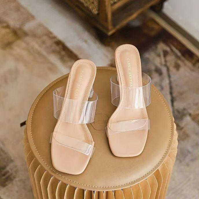 Internet Celebrity Fashion Word with Transparent High Heel Cool Slippers Wear 2025 New Women's Thick Heel Crystal and Nude Sandals