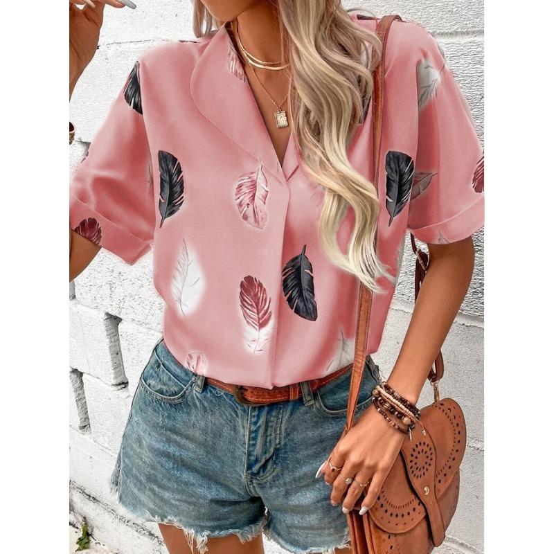 Women's Fashion Casual Summer Spring Feather Print Short Sleeve POLO Neck Blouses & Shirts