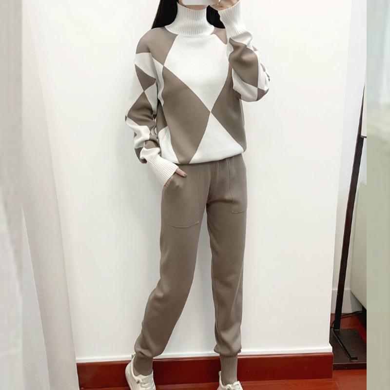 Модный женский повседневный вязаный клетчатый свитер, комплект из двух предметов