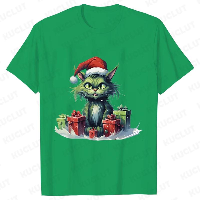 New Year Short Sleeve Tshirt Cute Cat Print Tops Fashion Xmas Unisex Tees Shirt Trend Graphic Christmas Male Oversized Clothing
