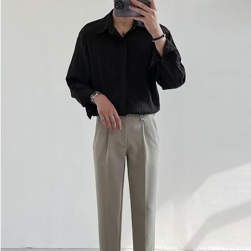 Черная абрикосовая белая рубашка с длинными рукавами, мужская модная социальная мужская рубашка в корейском стиле, свободные повседневные плиссированные рубашки, мужская официальная рубашка