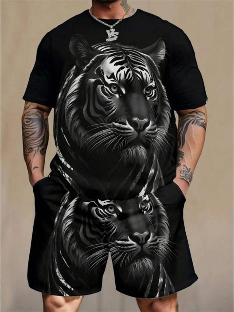 Новый комплект из двух предметов: футболка с круглым вырезом и коротким рукавом, модные шорты с принтом льва 3D, шорты с коротким рукавом, мужской летний спортивный комплект из 2 предметов