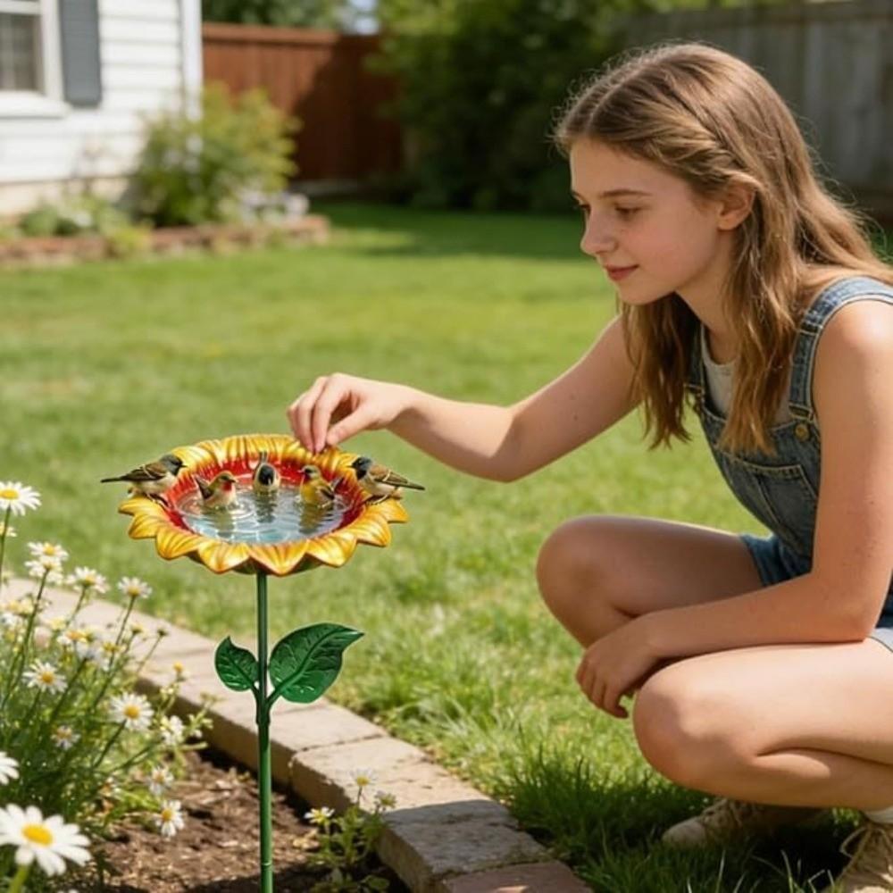Metal Bird Bath Sunflower Flower Garden Stake Decorative Bee Butterfly Watering Station Garden
