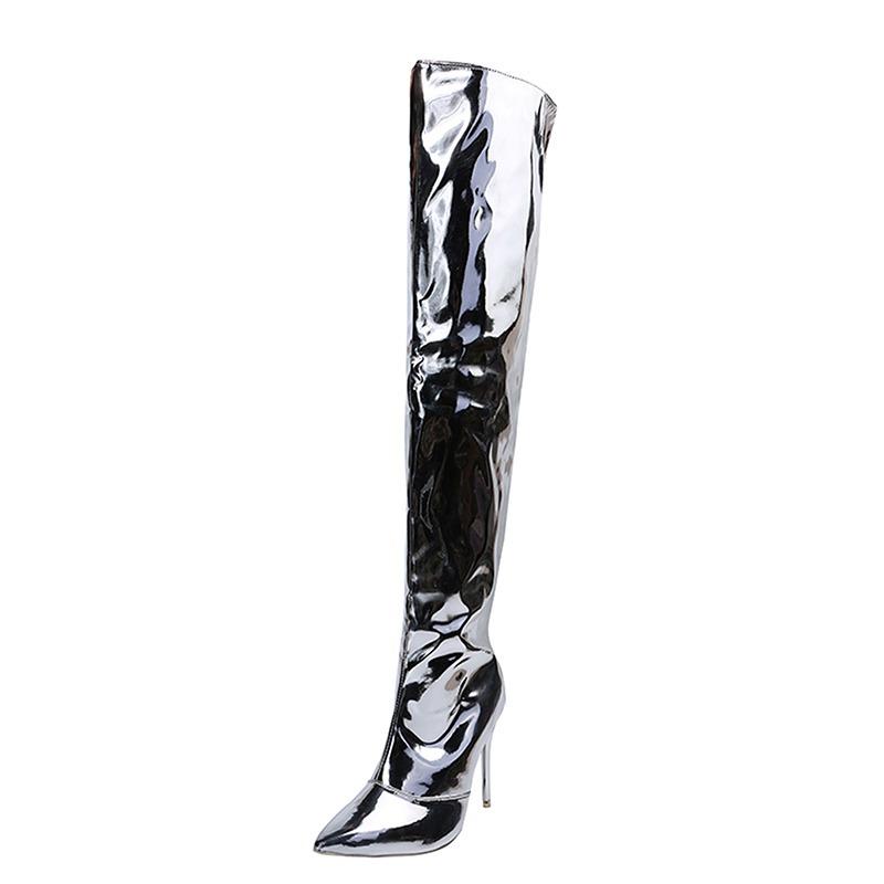 Women Fashion Faux Leather Thigh High Boots Nightclub Style Sexy Anti-Slip Prom Shoes Pointed Toe Long Boots
