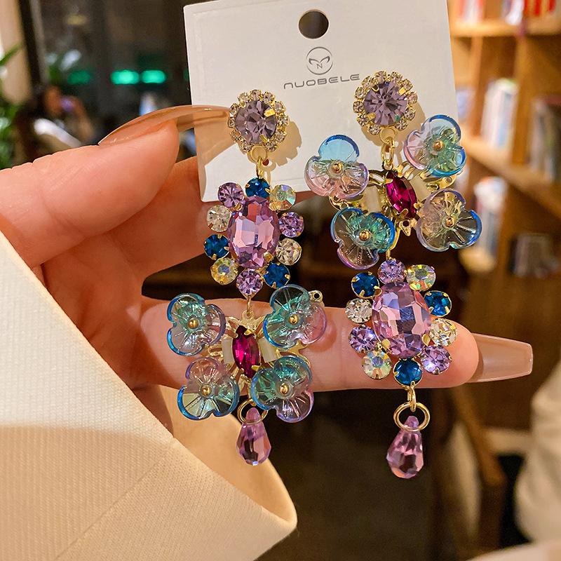 Silver Rhinestone Crystal Flower Asymmetric Earrings - Colorful Retro Court Style Studs for Women