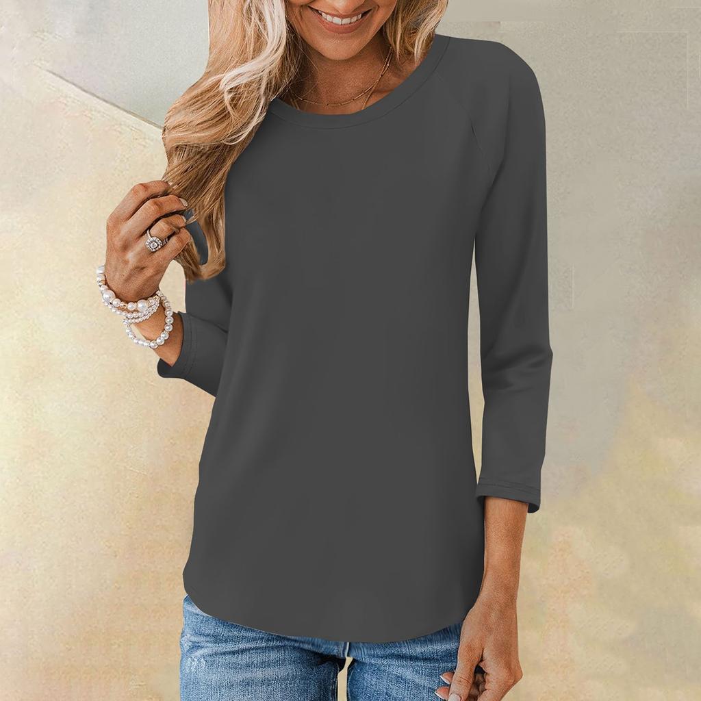 Рубашка для женщин, модная повседневная свободная однотонная футболка с рукавами реглан и круглым вырезом, рукав 3/4, женский топ