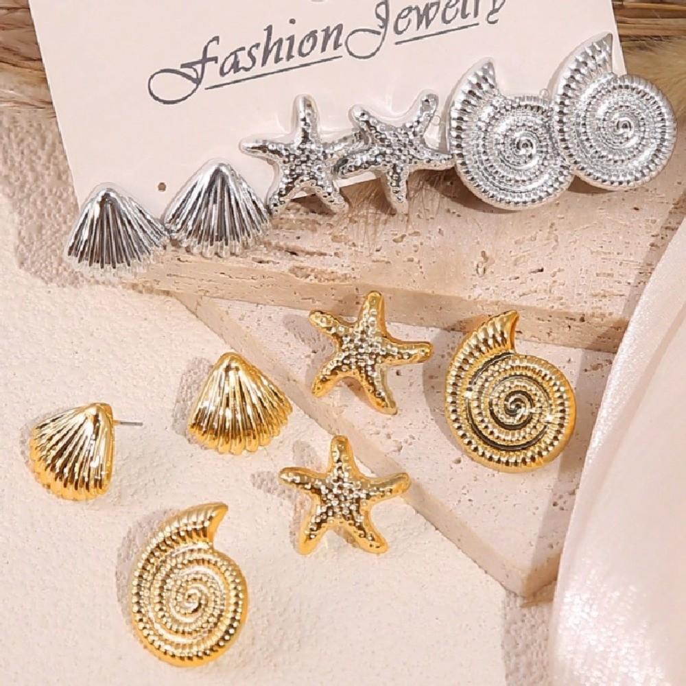 Golden Starfish Earrings Textured Seashell Dangle Earrings Simple C-Shape Earrings Set Summer