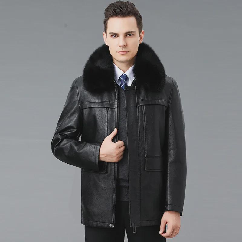 Men's Winter Sheepskin Leather Jacket with Detachable Liner and Real Fur Collar