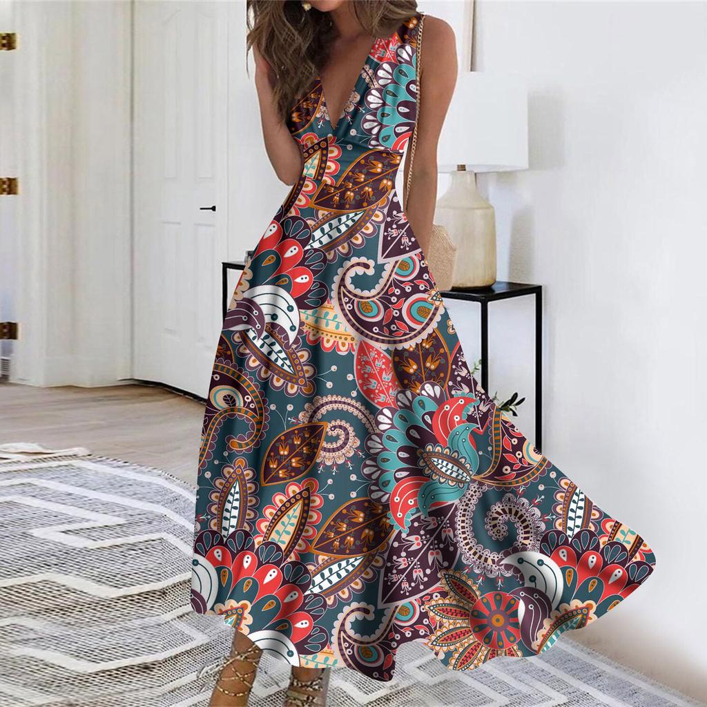 Женское длинное платье Платье макси Повседневное платье Летнее повседневное платье без рукавов с v-образным вырезом в стиле бохо с талией и принтом