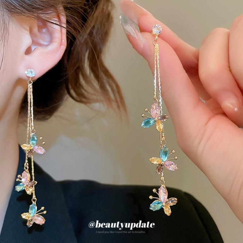 Серебряные серьги-гвоздики с подвесками-кисточками с цветными цирконами в виде бабочек, ретро-стиль, элегантные, легкая роскошь, высококачественные серьги