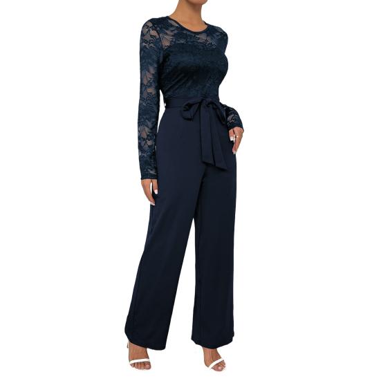 Женский формальный комбинезон с длинными рукавами и кружевом, с завышенной талией и широкими брюками, ромпер с поясом, летний