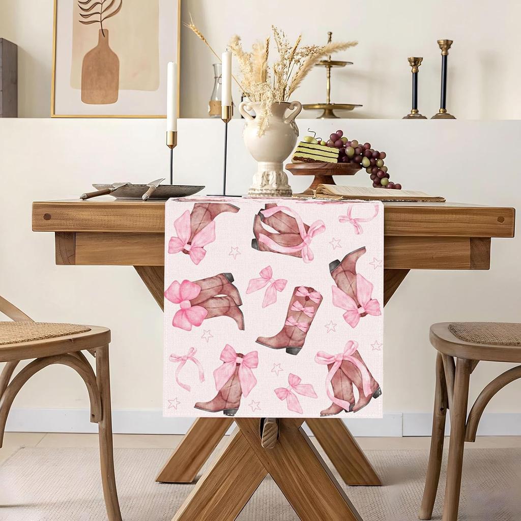 Coquette Bow Cowgirl Table Runner Western Wild West Pink Bowknot Boots Birthday Party Decoration Baby Shower Dining Room Home Kitchen Table Decor
