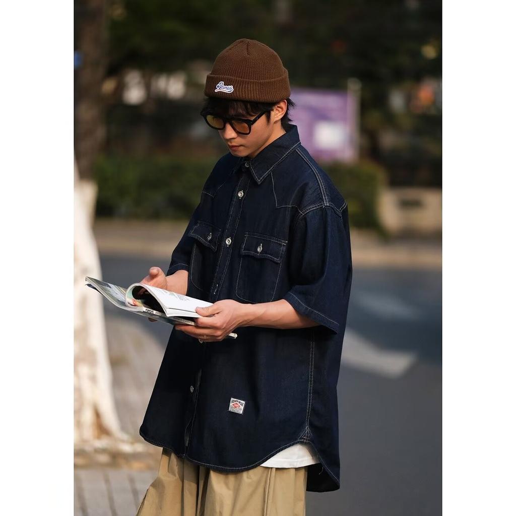 Японский ретро модный бренд летняя свободная джинсовая рубашка с короткими рукавами художественная молодежная рабочая рубашка мужская и женская многослойная куртка