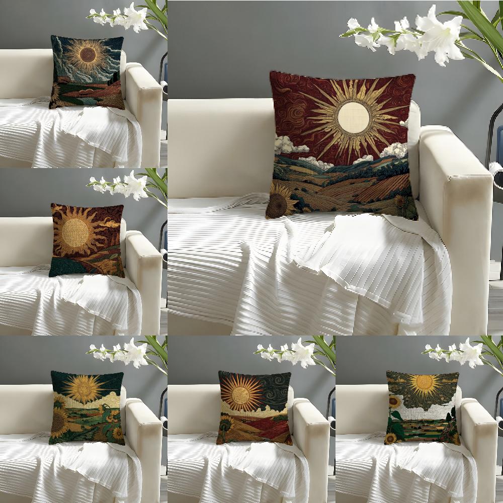 HOT Sun Print cover Pillow Case Natural Linen Organic Fabric DoubleSided Printing Sofa Home Decor Cushion Cover
