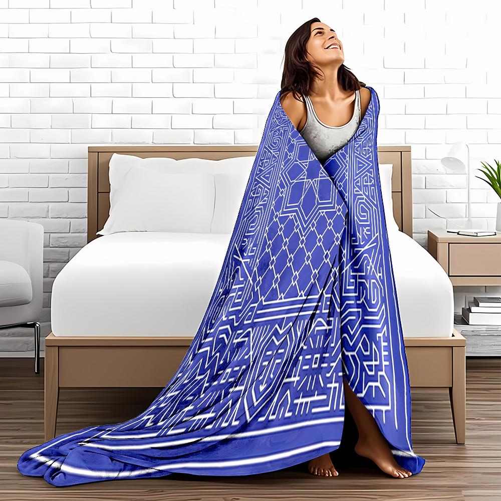 Geometric Blue blanket with Intricate White Pattern for blanket, suitable for use in the bedroom, living room, on the sofa