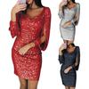 Party Women Glitter V Neck Hollow Out Tassel Long Sleeve Bodycon Mini Dress Gown
