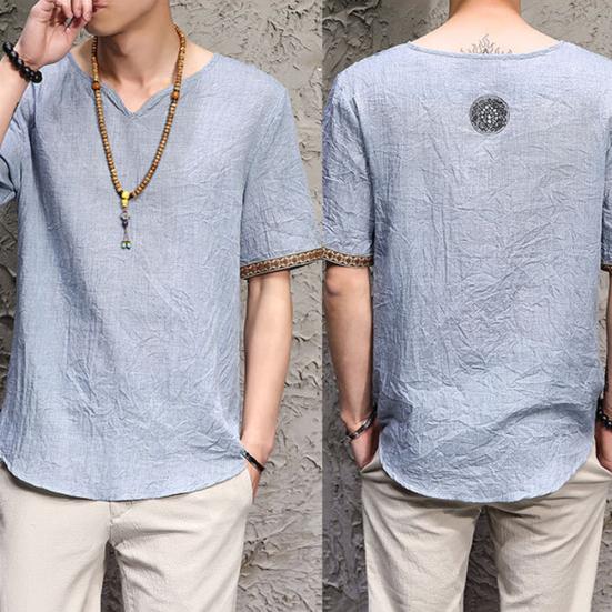 Retro Men Plus Size Linen Rhombus Patchwork Short Sleeve V Neck T-Shirt Top