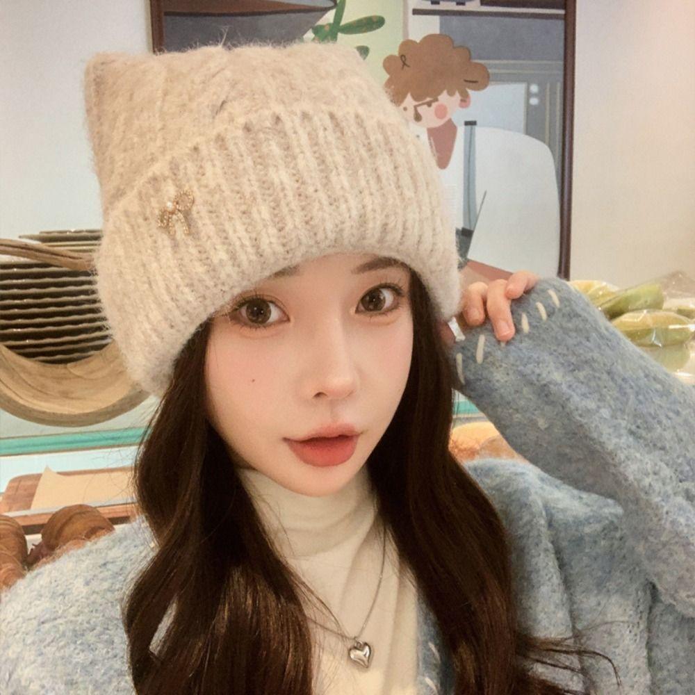 Japanese Style Woolen Knitted Hat Solid Color Women Beanie Hat Cat Ears Pullover Hat Girls