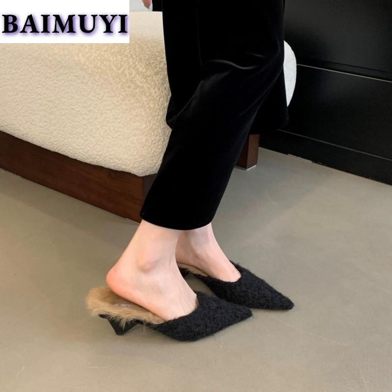 Роскошные меховые тапочки женские остроносые мюли обувь дизайнерские меховые шлепанцы платье низкий каблук 2025 зимняя мода замша хлопок Botas Mujer