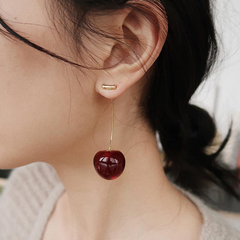 Cute Sweet Simulation Red Cherry Gold Color Fruit Stud Earrings for Women Girl Gift