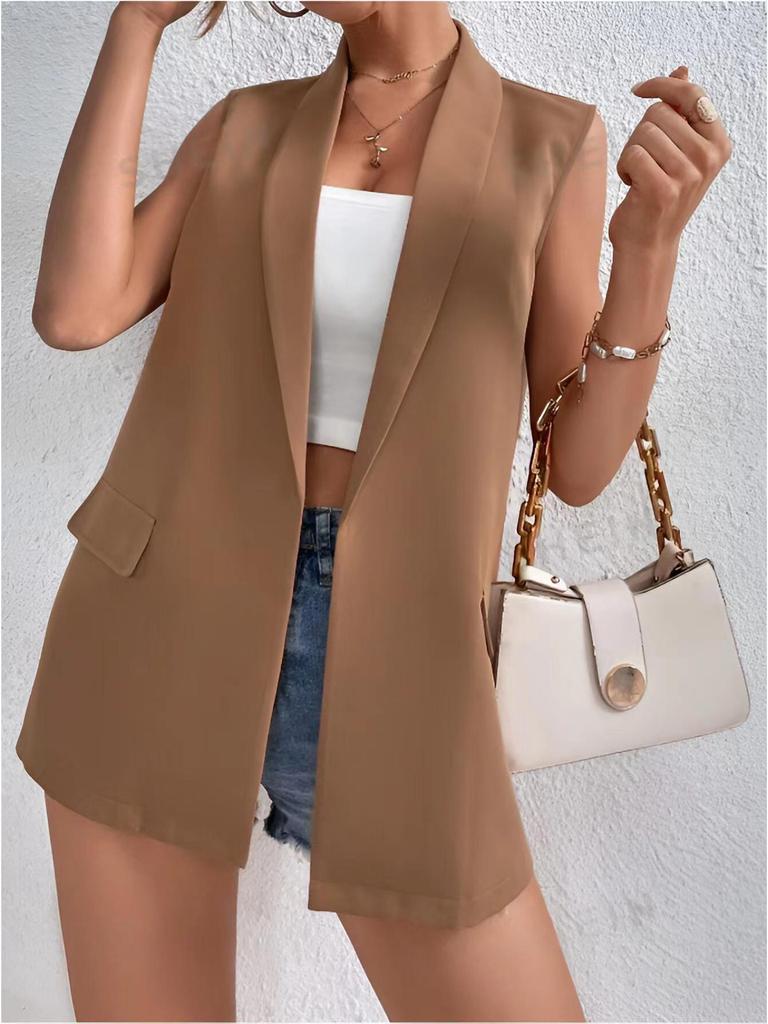 Женский жилет средней длины без рукавов 2024 года — европейский и американский стиль, для повседневных поездок на работу, без воротника.