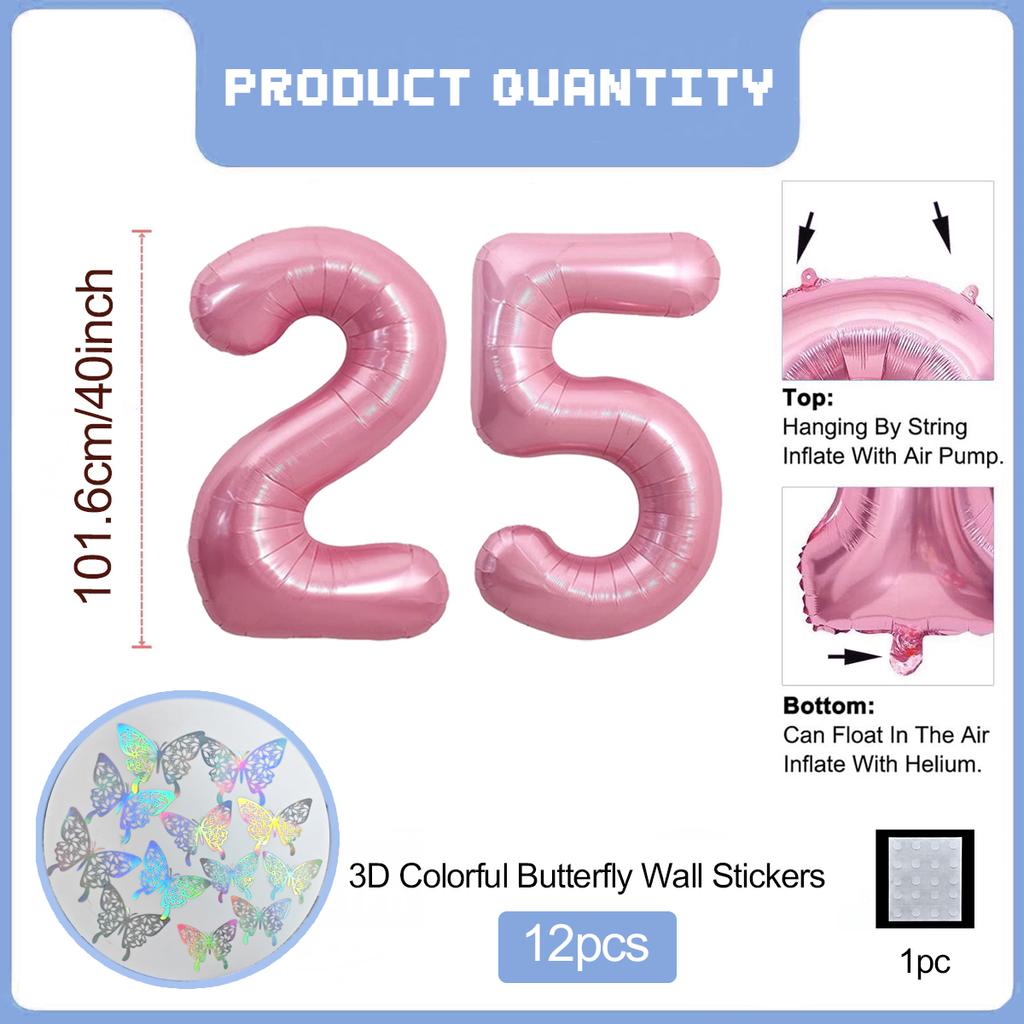Pink Butterfly Number Balloon, 3D Stereoscopic Butterfly Number 0-9 Used for Anniversary Birthday Party Photography