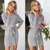 Autumn Winter Knit Rib Mini Women Dress Elegant Wrap V Neck Hollow Out Dress Women Casual Outwear Warm Party Dress Vestidos