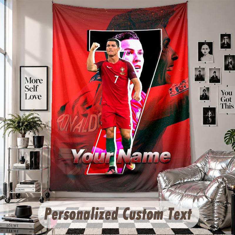 Wall Hanging Tapestry With Custom Name & Text, Cristiano Ronaldo Decorative Tapestry For Bedroom