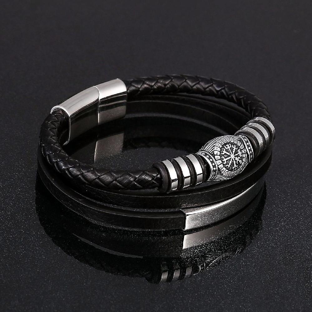 Viking Rune Compass Multi-layer Leather Bracelets Mens Stainless Steel Magnet Clasp Wristband Vintage Norse Male Amulet Jewelry