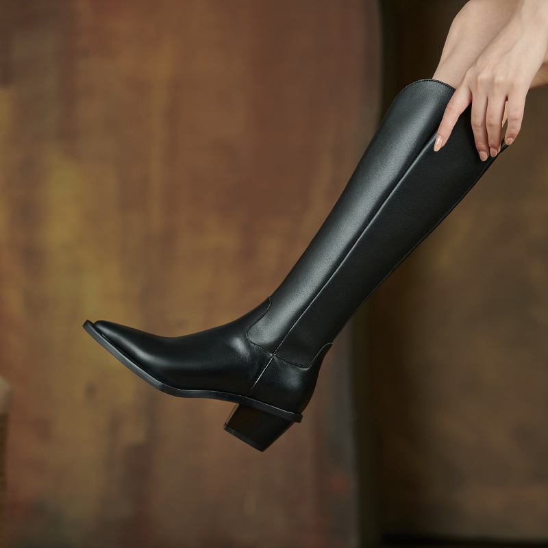 Krazing Pot Осенне-зимняя обувь из коровьей кожи на среднем каблуке, конные сапоги с острым носком, европейские, сохраняющие тепло, сапоги выше колена