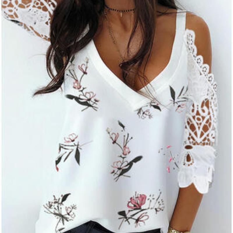 Summer Tops Print Lace Patchwork Off Shoulder Loose Women Blouses Fashion Elegant Short Sleeve Casual Shirts for Women Vintage Sexy Hollow Shirt 26632
