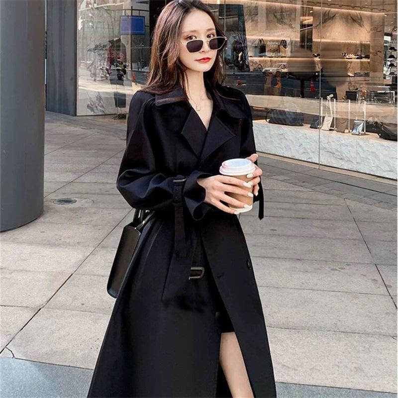 Women's Mid-Length Black Trench Coat - Korean & British Style, Plus Size & Petite, Over-the-Knee, Perfect for Spring & Autumn 2025