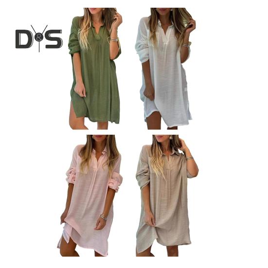 Женское пляжное платье-рубашка с запонками, тонкое свободное платье миди с разрезом по бокам, отложным воротником и длинными рукавами для повседневной носки в отпуске