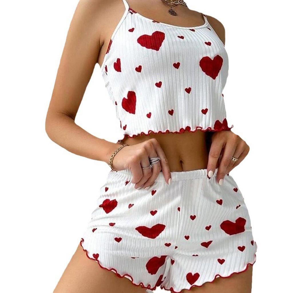 Women's Pajamas Set Sleepwear 2 PCS Short Tank Tops And Shorts White Ventilate Soft Casual Love Printing