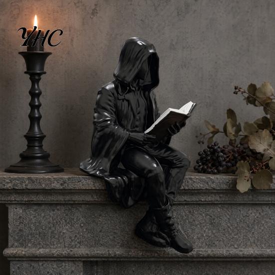 Resin Hooded Sculpture Gothic Dark Fantasy Reading Figurine, Mystery Figure Sculpture, Men Leisure Room Decor Sitting Grim Reaper Statue for