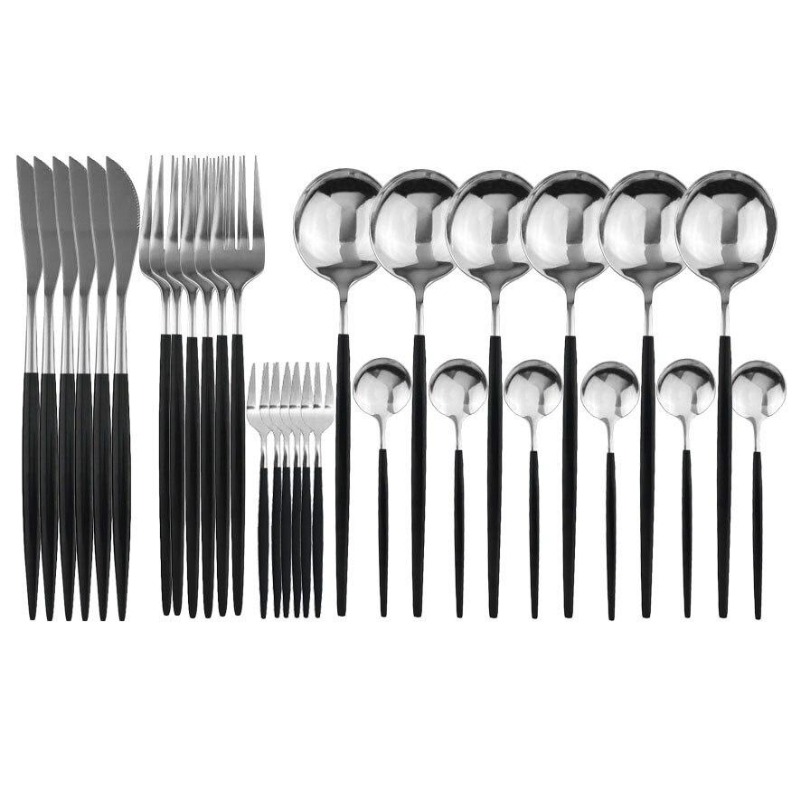 30pcs Black Gold Dinnerware Set Stainless Steel Flatware Set Cake Fork Coffee Spoon Knife Silverware Tableware Set Cutlery Set