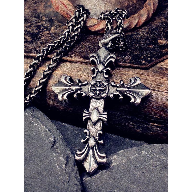 Retro Gothic Cross Necklace Men's Fashion Punk Titanium Steel Stylish Fashion Double-Sided Hip Hop Pendant Men's Sweater Chain