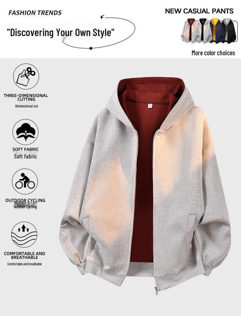 American-Style Heavyweight Casual Hoodie: New Spring Trend, Loose Fit, Color-Blocked Design, Versatile Couple's Cardigan.