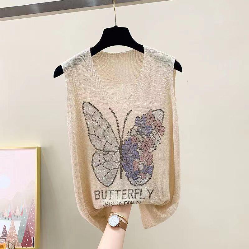 2023 Блестящий шелковый женский жилет без рукавов с V-образным вырезом - Новый стиль весна/лето, свободный крой с вязаным дизайном на бретелях с горячими бриллиантами