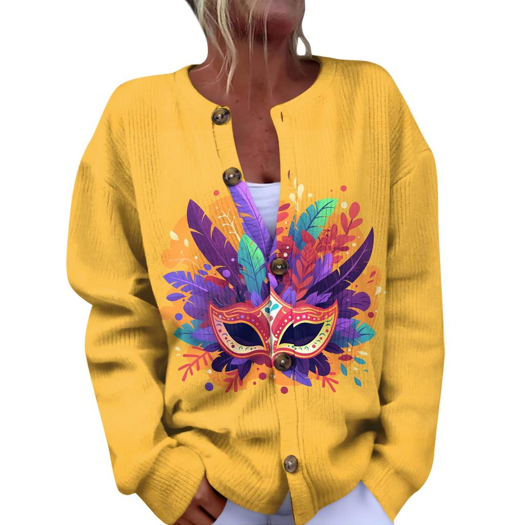 Women's Fashion Festival Printed Long-Sleeved Knitted Cardigan With Button-Front