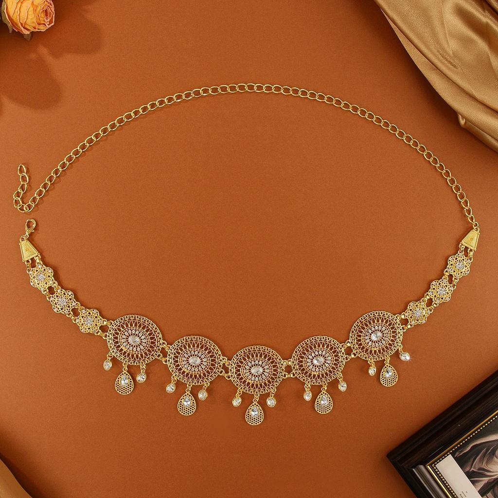 Gold Ethnic Style Alloy Hollow Diamond Waist Chain, Women'S Stage Performance Jewelry Belt