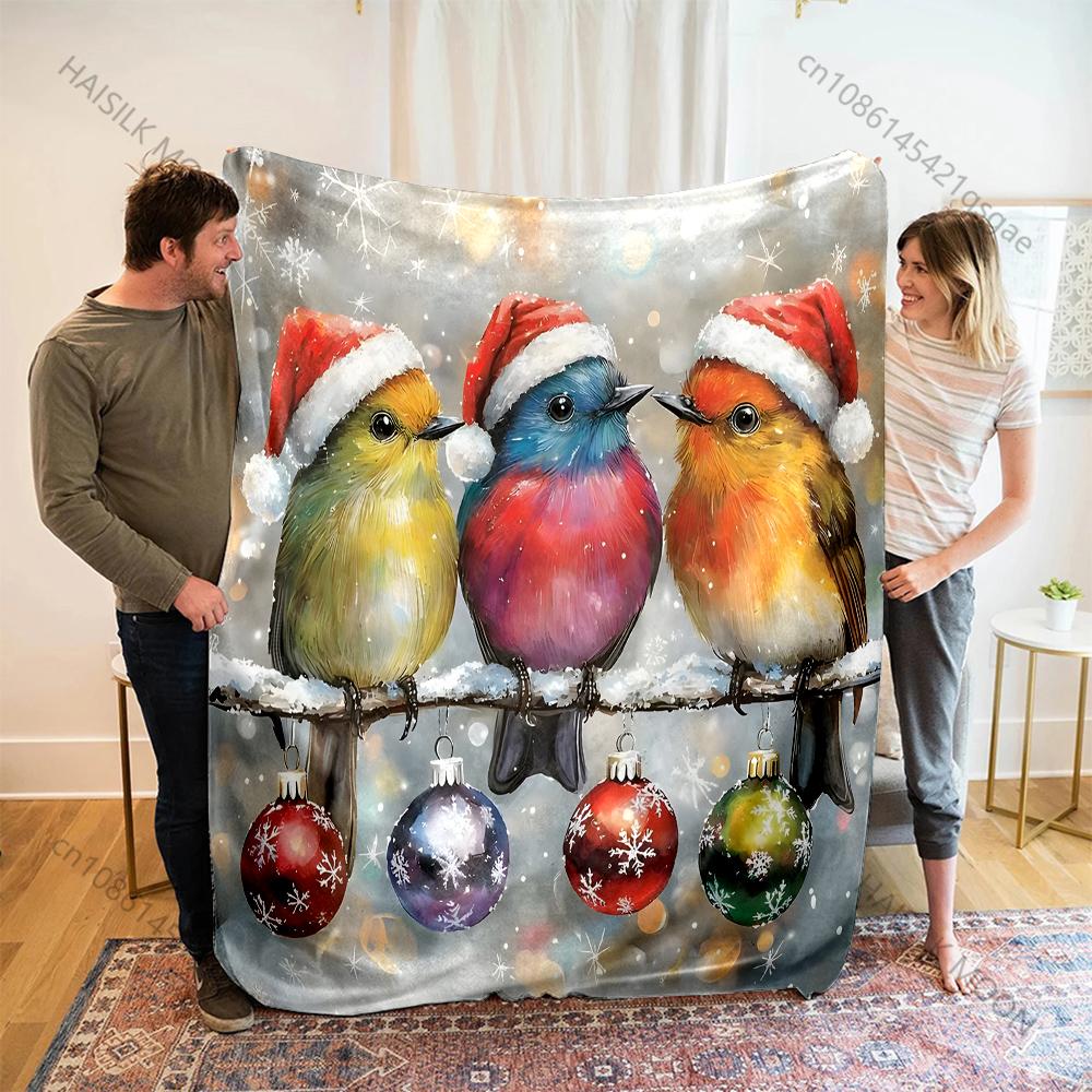 Festive Birds with Christmas Ornaments Pattern Blanket Flannel Material Soft Warm for All Seasons, Home Outdoor Camping Picnics