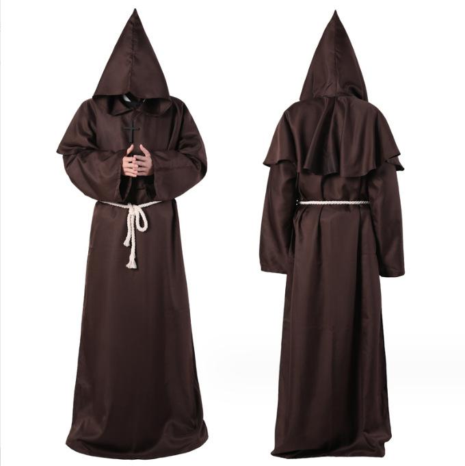 Medieval Monk Robe Renaissance Priest Halloween Cosplay Costumes Wizard Carnival Party Hooded Cloak With Cross Necklace