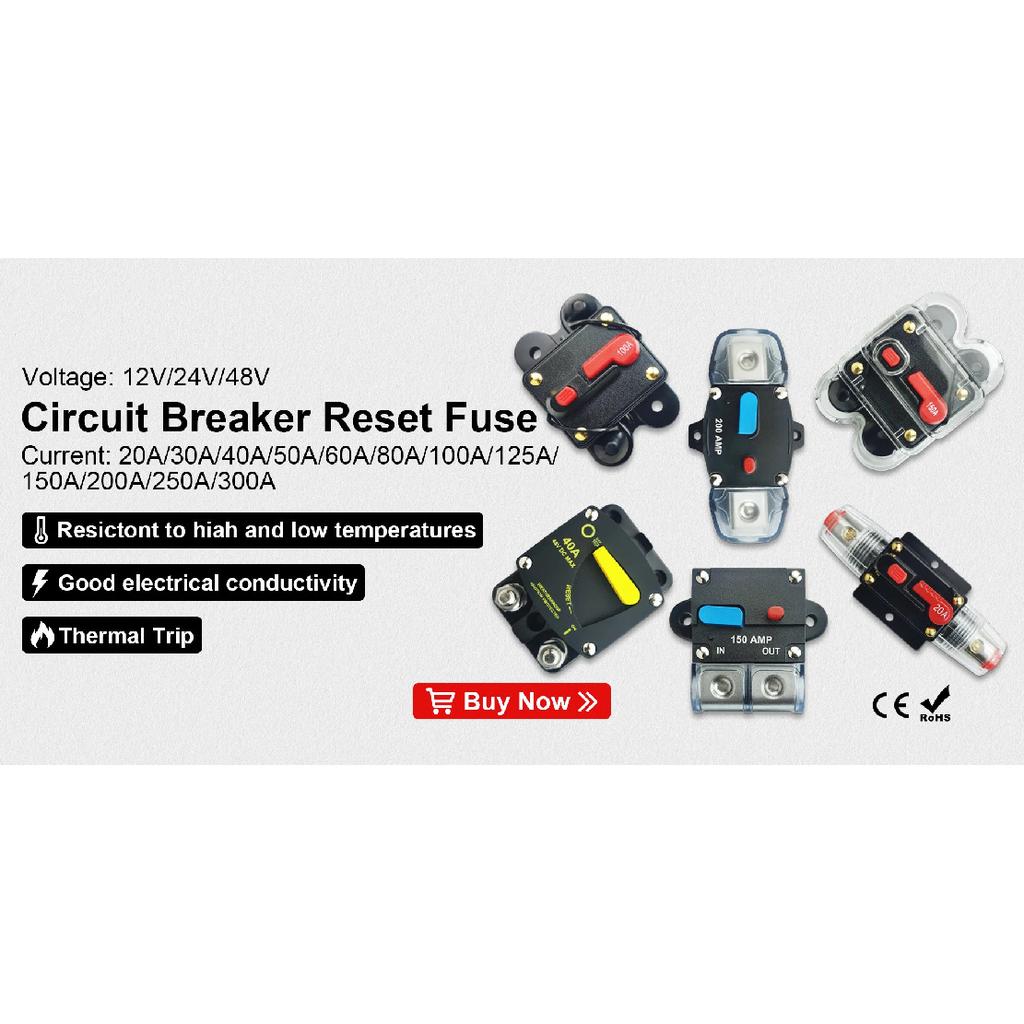 30A 40A 50A 60A 80A 100A 150A 200A 250A 300A Circuit Breaker Car Boat Auto Manual Reset Waterproof 12V-48V