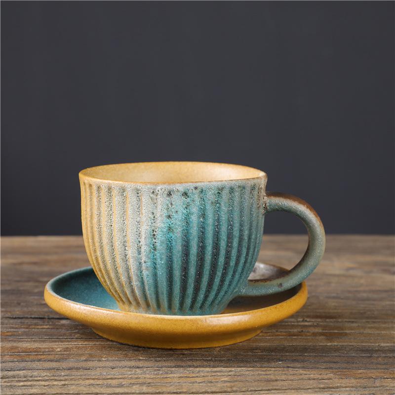 Набор полосатых кофейных чашек и блюдец, Ретро чашка для кофе с эффектом печной глазури, Креативная керамическая чашка, Легкая роскошь, Чашка для послеобеденного чая, Чашка из грубой керамики