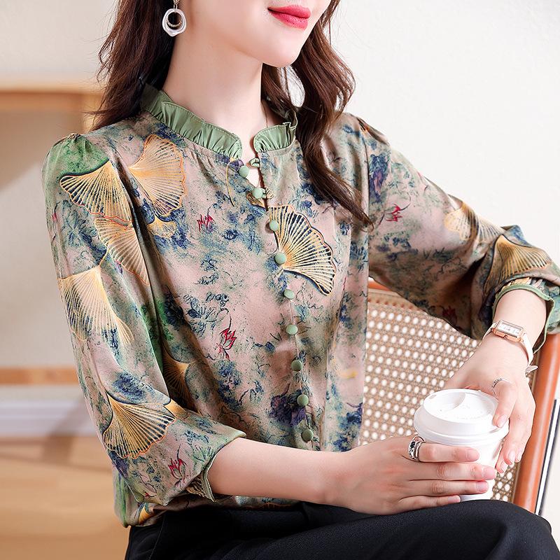 Ретро шифоновая рубашка для женщин осенний антивозрастной топ модная рубашка в западном стиле блузки и рубашки