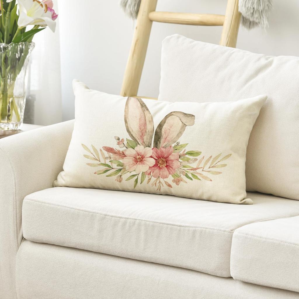 AVOIN colorlife Happy Easter Throw Pillow Cover, 12 x 20 Inch Rabbit Spring Flower Holiday Party Cushion Case Decoration for Sofa Couch