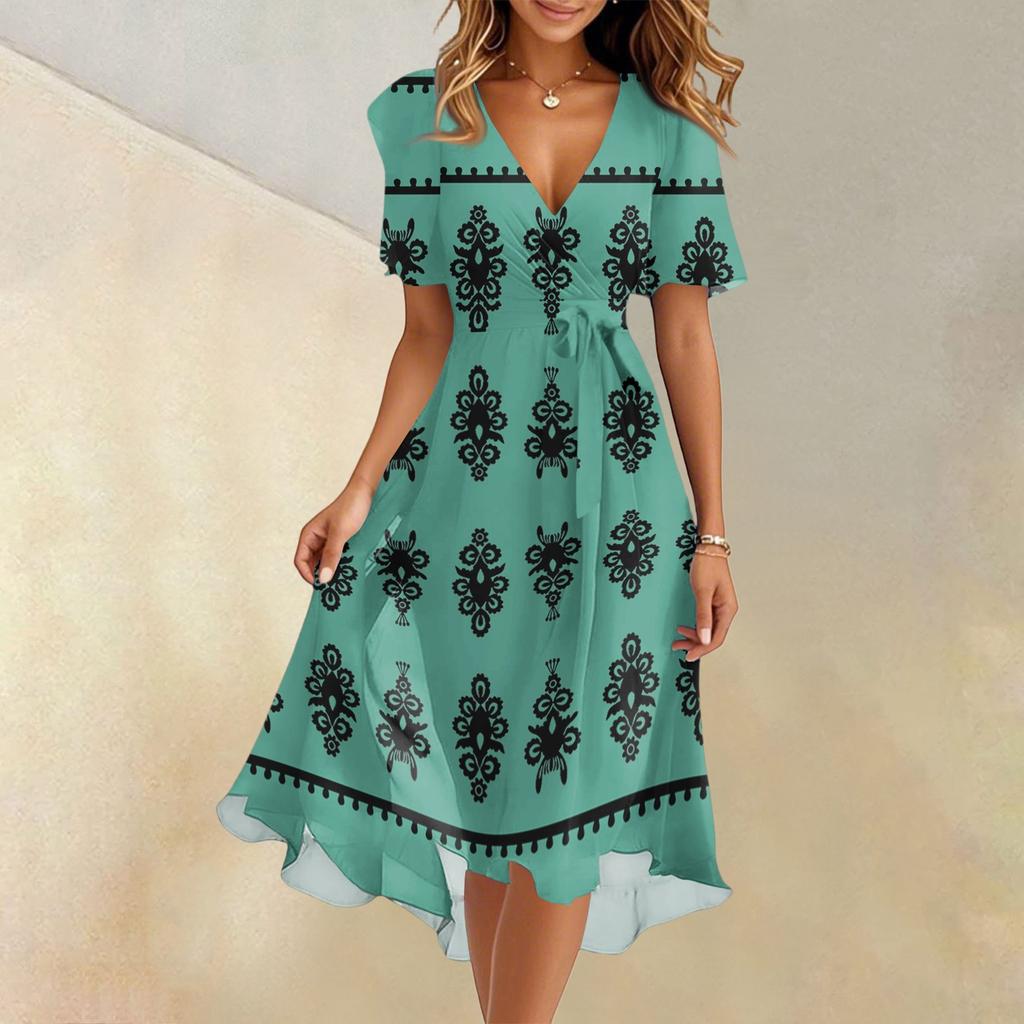 Women's Summer Fashion V-Neck Flared Dress Short Sleeve Floral Dresses
