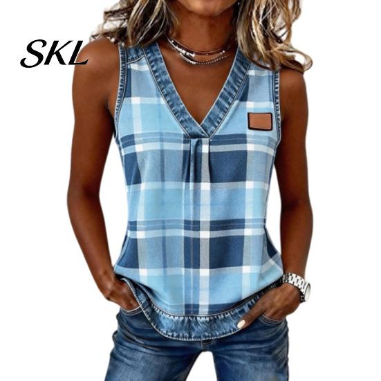 Soft Fabric Vest Summer for Women, V-Neck Sleeveless Tank Tops, Plaid Print Loose Fit Shoulder Strap Reinforced Casual Camisole with Collar Hem, Slim